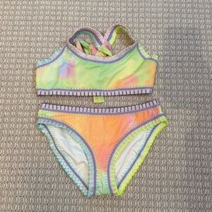 PQ Swim Girls Neon Pastel Tie-Dye Bikini Set with Crochet Trim - size 14.